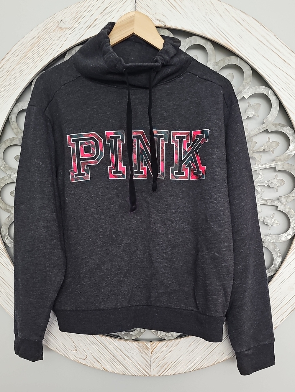 Victoria's Secret PINK Hoodie - Charcoal Gray with Red/Green Logo